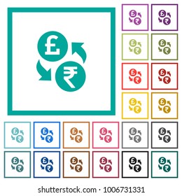 Pound Rupee money exchange flat color icons with quadrant frames on white background
