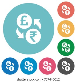 Pound Rupee money exchange flat white icons on round color backgrounds