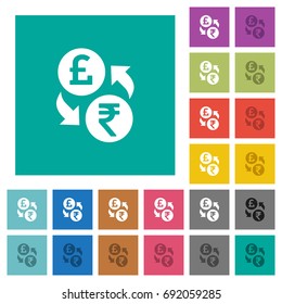 Pound Rupee money exchange multi colored flat icons on plain square backgrounds. Included white and darker icon variations for hover or active effects.