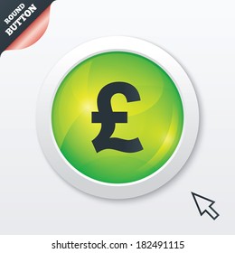 Pound sign icon. GBP currency symbol. Money label. Green shiny button. Modern UI website button with mouse cursor pointer. Vector