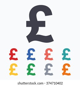 Pound sign icon. GBP currency symbol. Money label. Colored flat icons on white background.