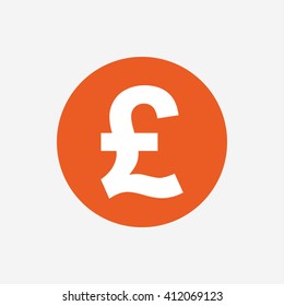 Pound sign icon. GBP currency symbol. Money label. Orange circle button with icon. Vector