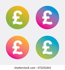 Pound sign icon. GBP currency symbol. Money label. Gradient flat buttons with icon. Modern design. Vector