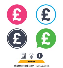 Pound sign icon. GBP currency symbol. Money label. Report document, information sign and light bulb icons. Vector