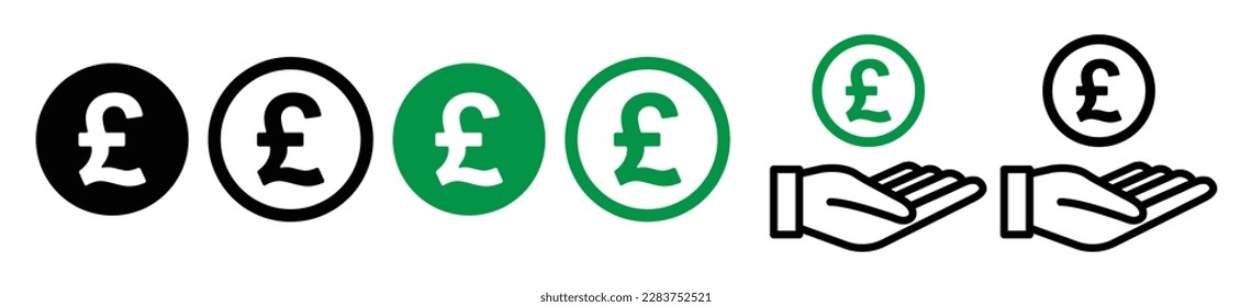 icono de signo de libra. símbolo de la moneda GBP de libras esterlinas. signo de dinero británico. Juego de iconos de la libra monetaria del Reino Unido. GBPcoin con mano en color negro y verde sobre fondo transparente - vector de stock