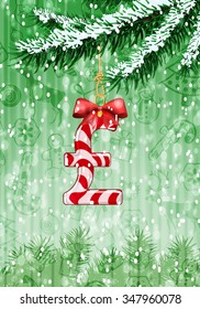 Pound sign in shape of candy on christmas tree with snow on evergreen branches. Vector illustration on green background with holiday texture