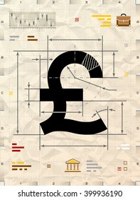 Pound sign as technical blueprint drawing. Drafting of money symbol on crumpled kraft paper. Vector illustration