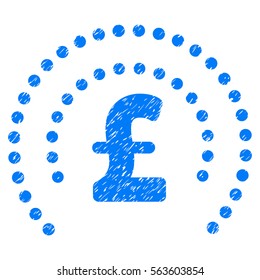 Pound Sphere Shield grainy textured icon for overlay watermark stamps. Flat symbol with scratched texture. Dotted vector blue ink rubber seal stamp with grunge design on a white background.