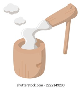 Pound steamed sticky rice to make rice cake. Japanese traditional culture. Vector illustration.