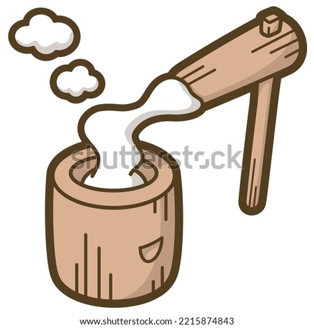 Pound steamed sticky rice to make rice cake. Japanese traditional culture. Vector illustration.