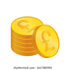 Pound Sterling. 3D isometric Physical coins. Currency. Golden coins with Pound Sterling symbol isolated on white background.