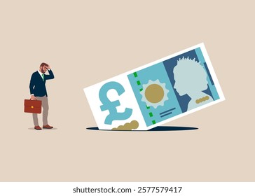 Pound sterling banknote fell into a pit. Crisis in United Kingdom. Symbol of crisis, recession, downfall and stock market crash. British money. Currency. Vector illustration concept.