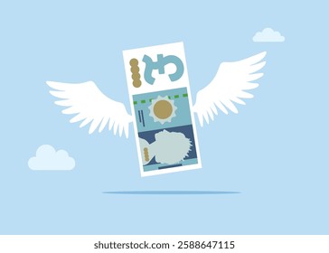 Pound sterling banknote flying with wings like a bird. Concept of investment, wealth, spending, inflation and loss of savings. Flat vector illustration