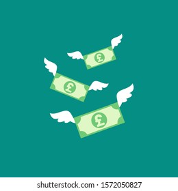 pound sterling banknotes with white wings. Flat  blue background. Flying money. Economy, finance, money pictogram. Wealth symbol.  Vector illustration. Free, easy.  Spend, expenses  