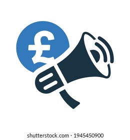 Pound sterling, Bullhorn, advertisement icon. Glyph vector isolated on a white background.