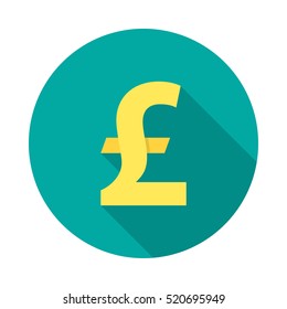 Pound sterling circle icon with long shadow. Flat design style. Pound sterling simple silhouette. Modern round icon in stylish colors. Web site page and mobile app design vector element.
