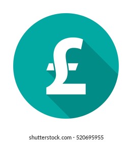 Pound sterling circle icon with long shadow. Flat design style. Pound sterling simple silhouette. Modern round icon in stylish colors. Web site page and mobile app design vector element.