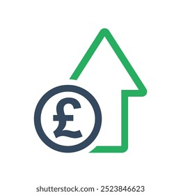 pound sterling coin and green arrow, positive economic dynamic concept, united kingdom currency increase exchange rate indicator