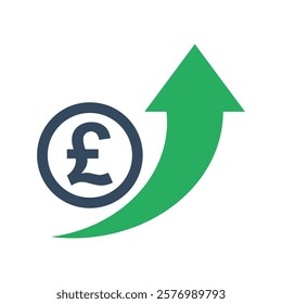 pound sterling coin with green exponential up arrow, united kingdom economic growth indicator, stock exchange market positive trend, rising income pictogram