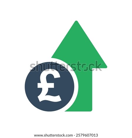 pound sterling coin with green exponential up arrow, united kingdom economic growth indicator, stock exchange market positive trend, rising income pictogram