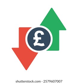 pound sterling coin with green up and red down arrows, tax or inflation indicator, price or income vector icon