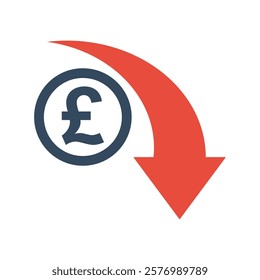 pound sterling coin with red exponential down arrow, united kingdom economic falling indicator, stock exchange market negative trend, decreased income pictogram