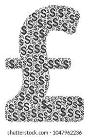 Pound Sterling collage of dollars. Vector dollar currency pictograms are grouped into pound sterling composition.