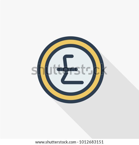 Pound Sterling currency coin thin line flat color icon. Linear vector illustration. Pictogram isolated on white background. Colorful long shadow design.