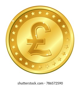 Pound sterling currency gold coin with stars. Britain coin. Vector illustration isolated on white background. Editable elements and glare. Casino game. Rich EPS 10