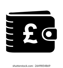 Pound Sterling currency symbol on a black wallet icon, clean flat design for UK finance, British economy, and banking, isolated on a white background.