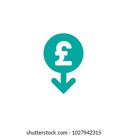 pound sterling down vector icon. White  sign in blue circle with arrow down. Flat icon. Isolated on white. Economy, finance, money symbol. Currency pictogram. Vector illustration.