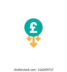 pound sterling down vector icon. White sign in blue circle with three arrows down. Flat icon. Isolated on white. Economy, finance, money symbol. Currency pictogram. Vector illustration.