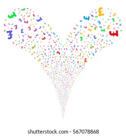 Pound Sterling fireworks stream. Vector illustration style is flat bright multicolored iconic symbols on a white background. Object double fountain made from random icons.