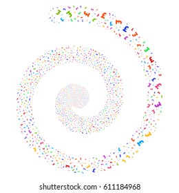 Pound Sterling fireworks vortex spiral. Vector bright multicolored random icons.