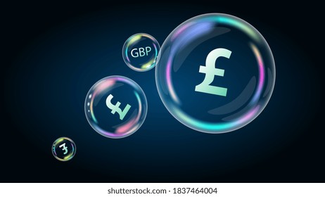 Pound Sterling GBP coin symbol in soap bubble. The US economy is inflated and burst. The financial pyramid will be destroyed. Vector EPS10.