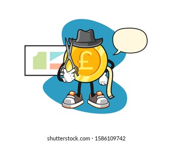 Pound sterling gold coin fashion designer with speech bubble cartoon. Mascot Character vector.
