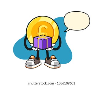 Pound sterling gold coin give a gift with speech bubble cartoon. Mascot Character vector.
