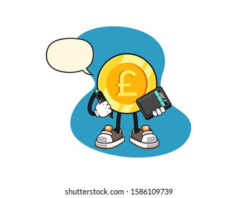 Pound sterling gold coin graphic designer with speech bubble cartoon. Mascot Character vector.