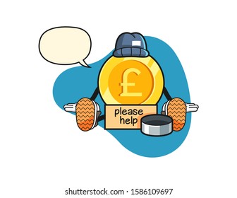 Pound sterling gold coin homeless with speech bubble cartoon. Mascot Character vector.
