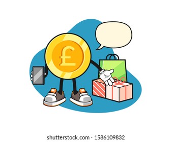 Pound sterling gold coin online shopping with speech bubble cartoon. Mascot Character vector.