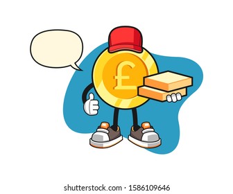 Pound sterling gold coin pizza delivery with speech bubble cartoon. Mascot Character vector.