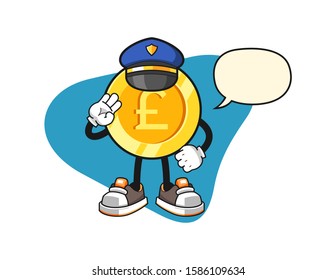 Pound sterling gold coin police officer with speech bubble cartoon. Mascot Character vector.