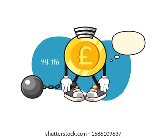 Pound sterling gold coin prisoner with thought bubble cartoon. Mascot Character vector.