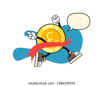 Pound sterling gold coin reach the finish line with speech bubble cartoon. Mascot Character vector.