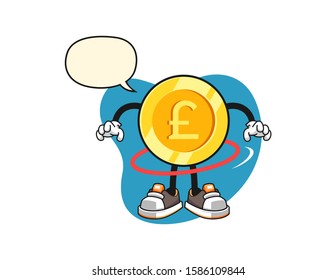 Pound sterling gold coin spinning a hula hoop with speech bubble cartoon. Mascot Character vector.