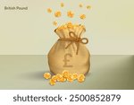 Pound Sterling Gold Coins Falling in Sack of Bag. Realistic 3D gold coins. Vector Illustration Concept for Savings, Casino, Fortune, Profit etc.
