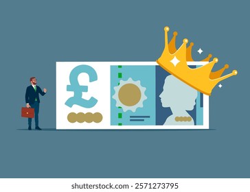 Pound sterling with gold crown. Pound sterling currency queen concept. Modern vector illustration in flat style