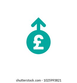 pound sterling growth vector icon. White  sign in blue circle with arrow up. Flat icon. Isolated on white. Economy, finance, money symbol. Currency pictogram. Vector illustration.