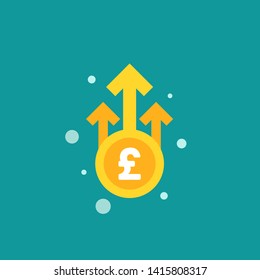 pound sterling  growth vector icon. gold dollar coin with three up arrows. Flat icon. Isolated on blue. Economy, finance, money, investment symbol. Currency pictogram. Vector illustration.