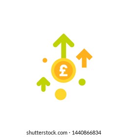 pound sterling growth vector icon. gold  coin with three up arrows. Flat icon. Isolated on white. Economy, finance, money, investment symbol. Currency pictogram. Vector illustration.